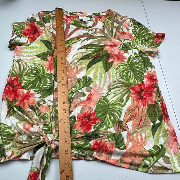 J Jill Love Linen Top Womens Small Petite Pink Floral Tie Waist Beach Tropical - Picture 12 of 14